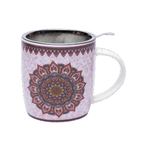 Lilla porcelæns tekrus med mandala-mønster og rustfri stål infuser.