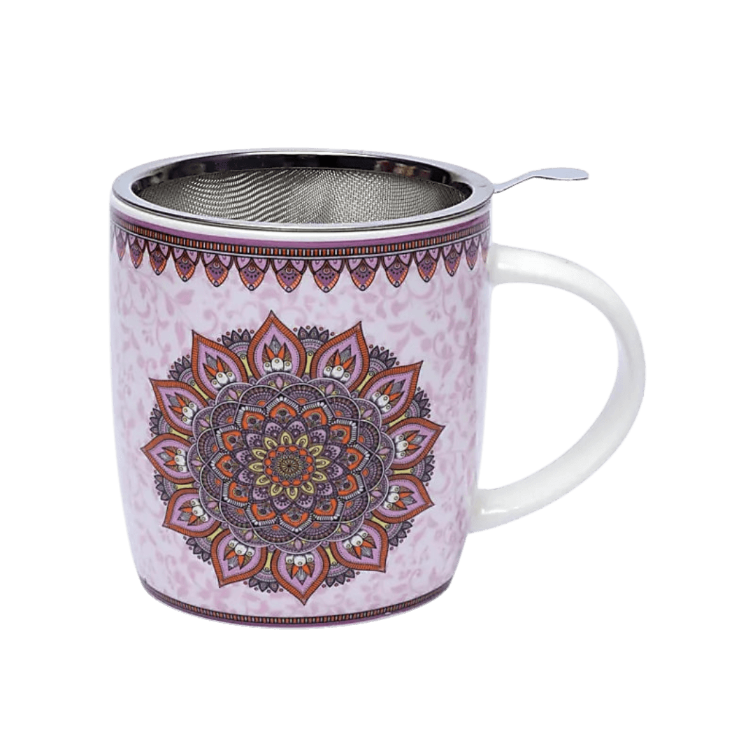Lilla porcelæns tekrus med mandala-mønster og rustfri stål infuser.