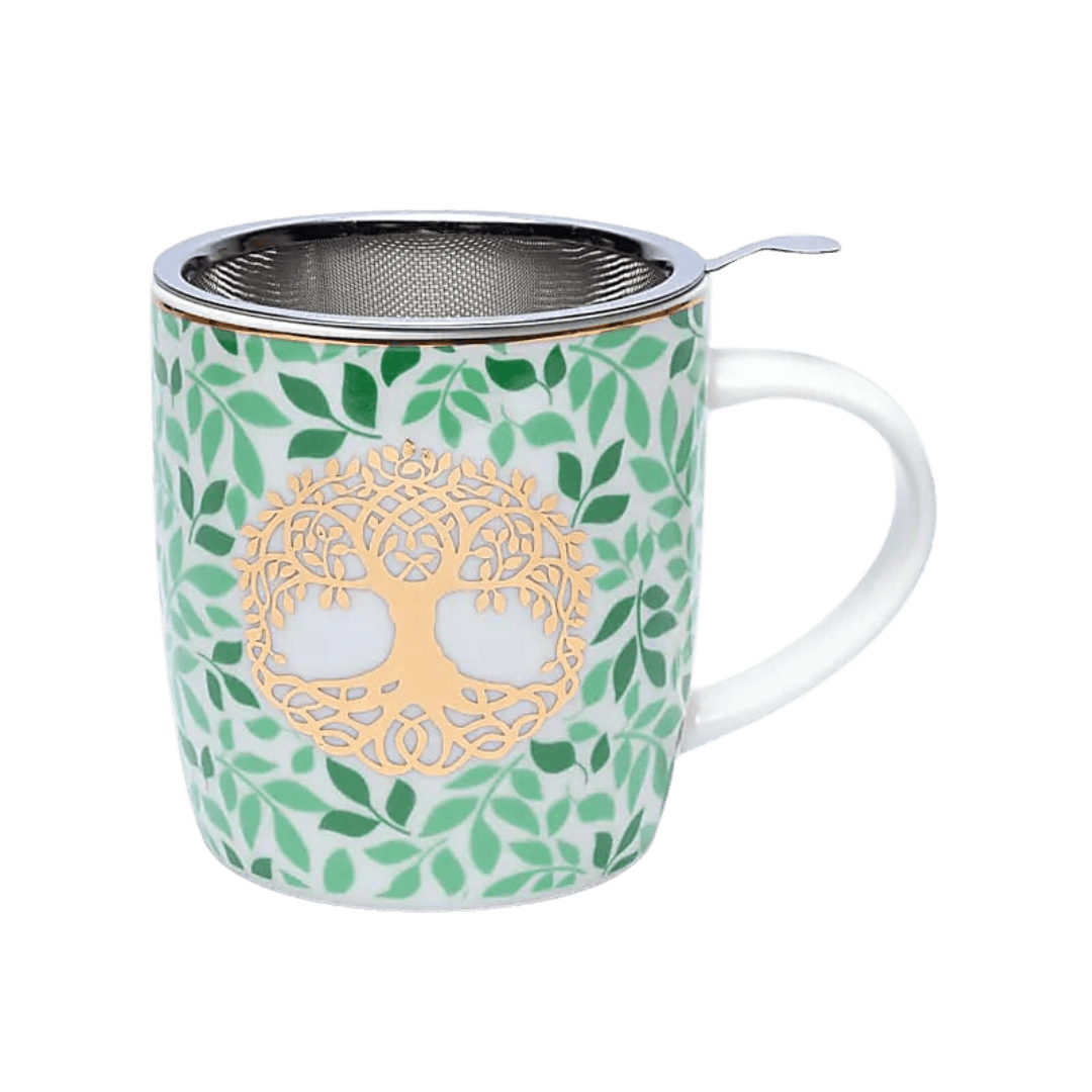 Bone China tekrus med “Livets Træ” motiv, låg og stål infuser.