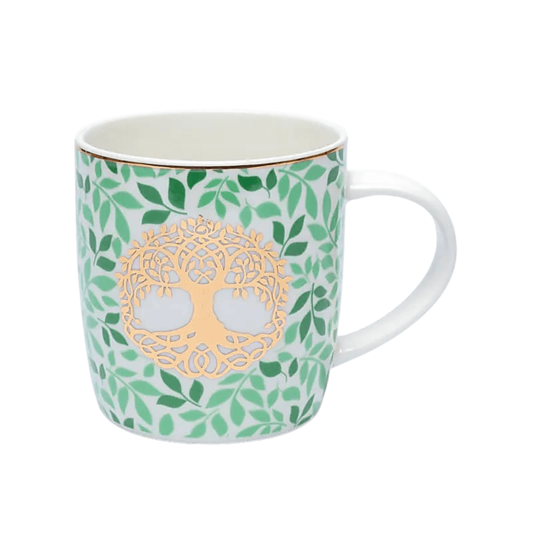 Hvidt porcelæns tekrus med symbolsk “Livets Træ” design – 400 ml.